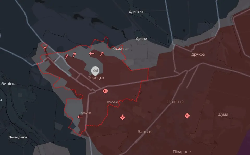 Торецьк на карті бойових дій Deepstate