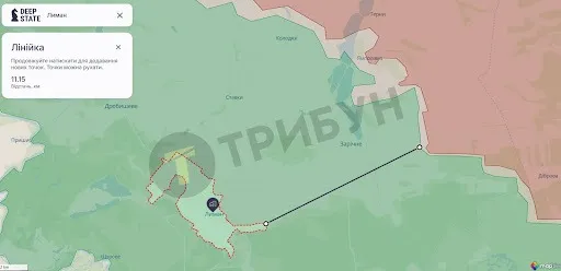 Відстань від Лимана до “сірої зони”, мапа DeepState