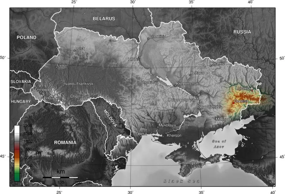 Кольором виділено територію Донецького кряжа