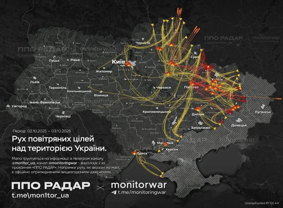 Рух ракет і дронів над Україною 2-3 жовтня 2025