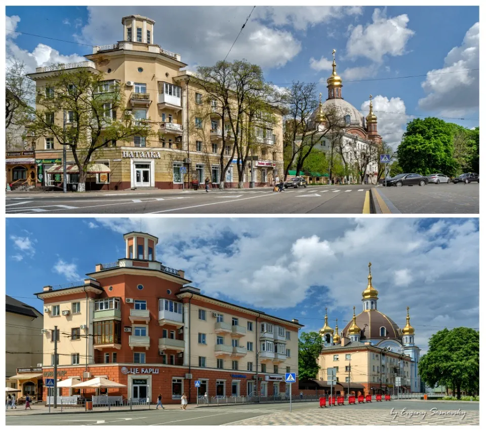 Театральна площа в Маріуполі у 2016 та 2021 роках / Facebook-сторінка Євгена Сосновського