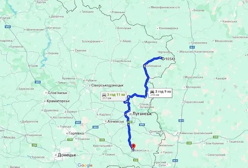 Відстань між Ровеньками та Дзержинським на мапі