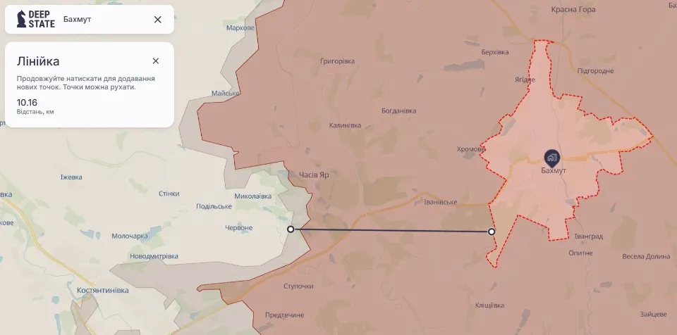 Розташування Бахмута від лінії фронту
