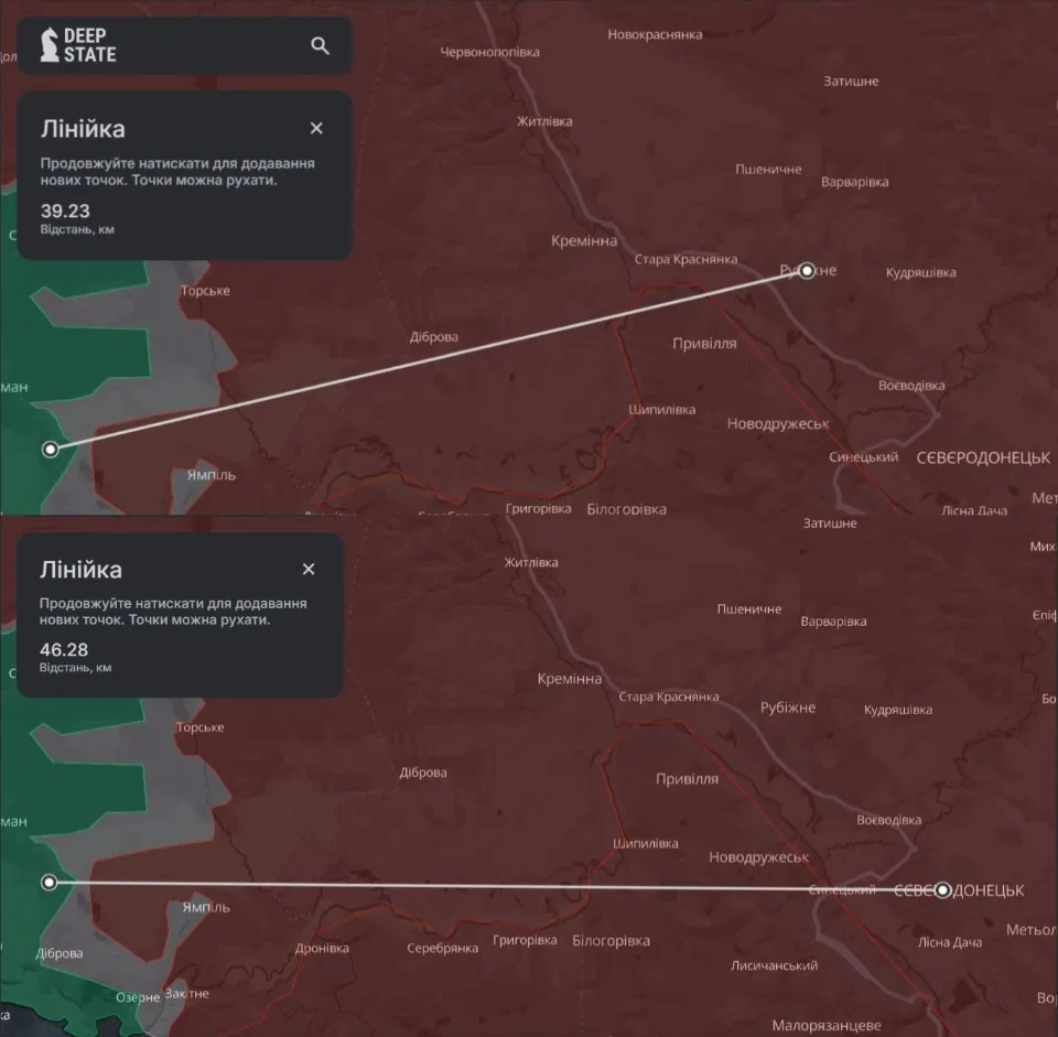 Відстань від ЛБЗ до Рубіжного та Сіверськодонецька