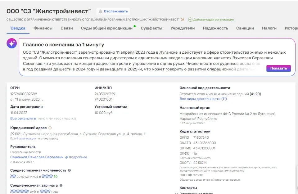 Відомість про організацію та її власника з сайту перевірок відомостей юридичних осіб в РФ