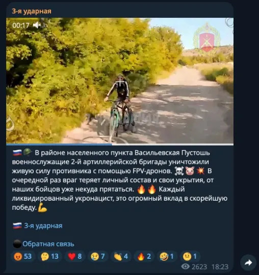 “3-я ударна”. Російський FPV-дрон атакував велосипедиста на Донеччині